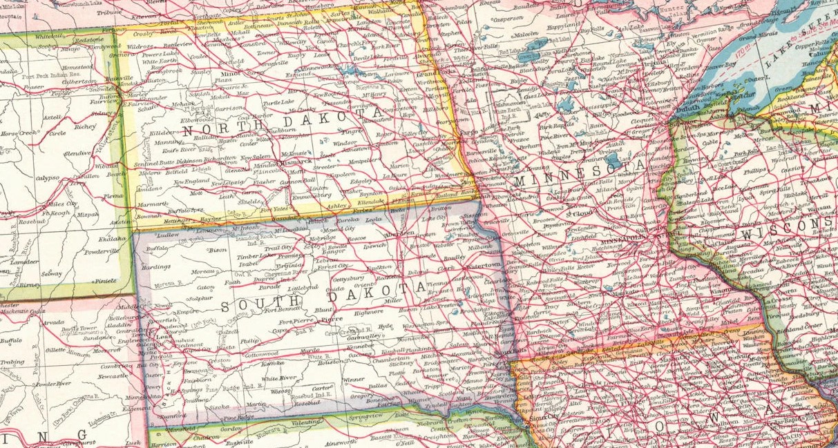 Map of North Dakota, South Dakota, and Minnesota